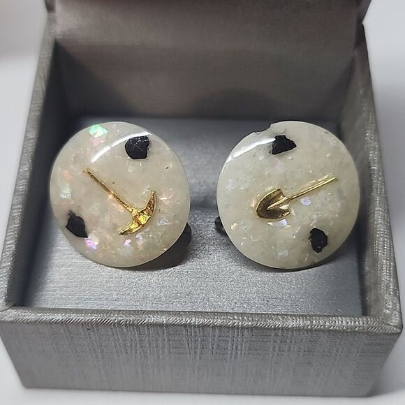 Pickaxe and Shovel Unique Oddities Vintage Earrings Screwback Simulated Opal - Picture 2 of 5